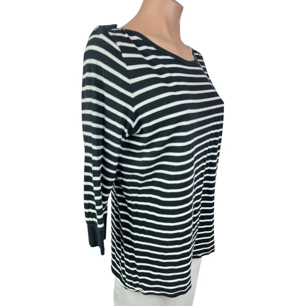 Lucky Brand Size L Pullover Top Black w White Stripes 3/4 Sleeve 100% Cotton - Picture 5 of 6